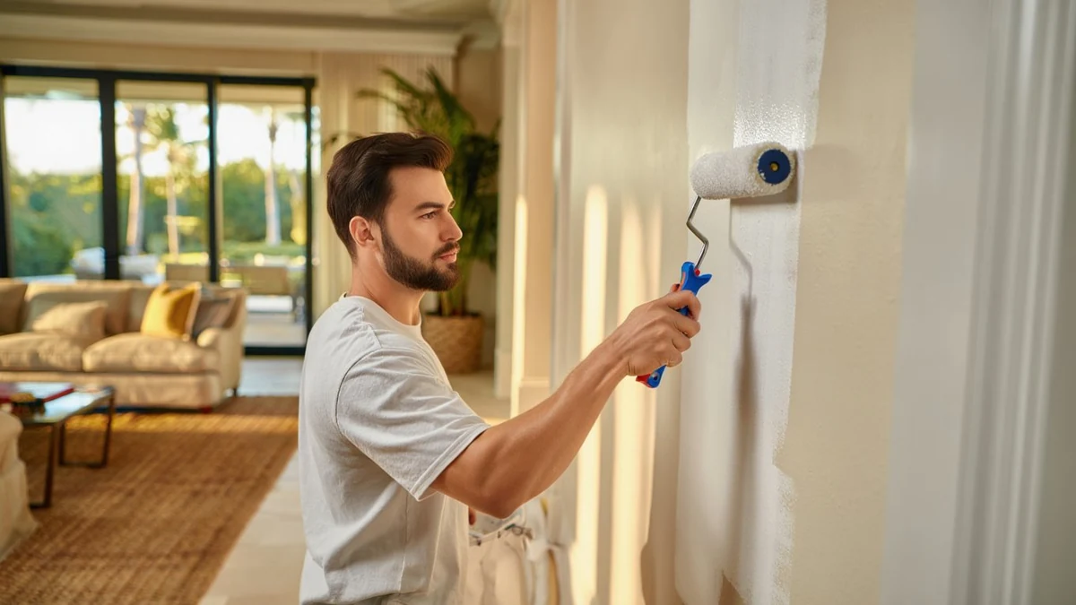 Professional painter applying fresh paint to an interior wall